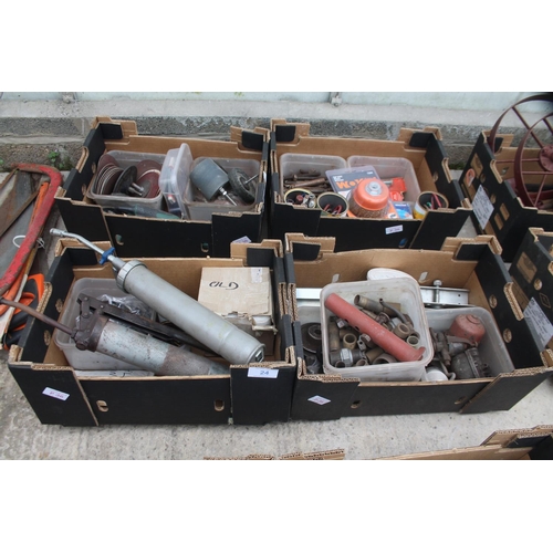 24 - 4 BOXES OF VARIOUS TOOLS INCLUDING 2 GREASE GUNS, GRINDING DISCS ETC.  NO VAT