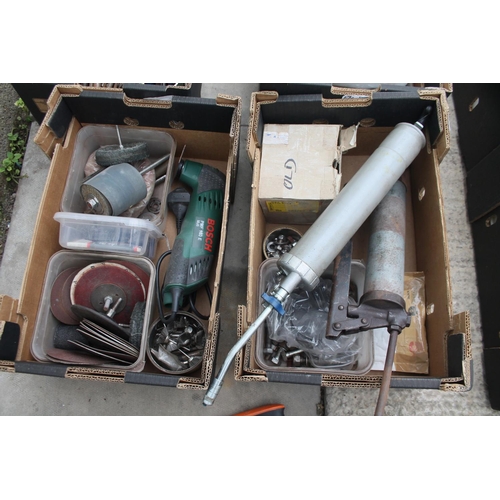 24 - 4 BOXES OF VARIOUS TOOLS INCLUDING 2 GREASE GUNS, GRINDING DISCS ETC.  NO VAT