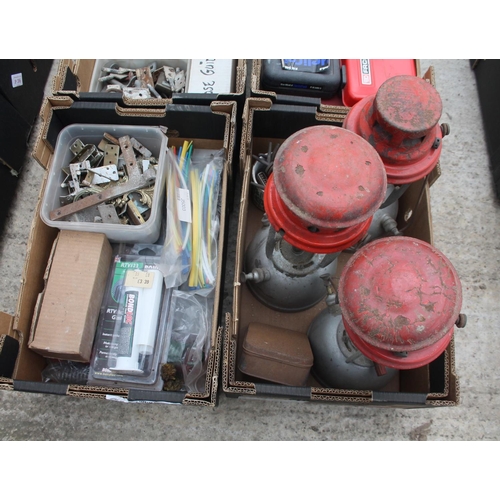 25 - 4 BOXES OF VARIOUS TOOLS INCLUDING 3 STORM LANTERNS, BRACKETS ETC.  NO VAT