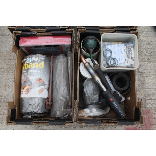 26 - 4 BOXES OF VARIOUS TOOLS INCLUDING PULLEYS, ADHESIVE, WIRE ETC  NO VAT