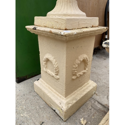 1501 - A PAIR OF VINTAGE CAST IRON URN PLANTERS ON PEDESTAL BASES (H:68CM D:28CM)