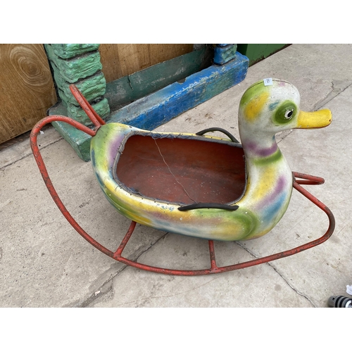 1505 - A VINTAGE PLASTIC CHILDS ROCKING DUCK WITH METAL FRAME