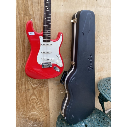 1514 - A RED FENDER STRATOCASTER ELECTRIC GUITAR WITH FENDER CARRY CASE CONTAINING ACCESSORIES (SERIAL NUMB... 