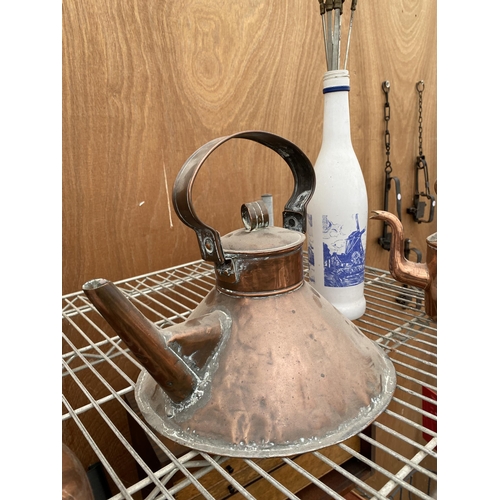 1534 - TWO VINTAGE COPPER KETTLES AND A COLLECTION OF BRASS BBQ SKEWERS