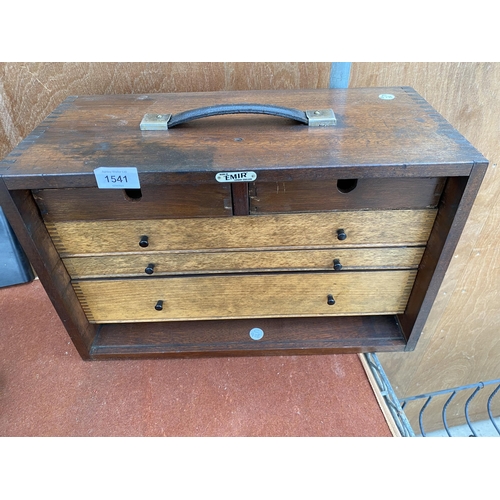 1541 - A VINTAGE FIVE DRAWER WOODEN JOINERS CHEST BEARING THE LABEL ' MADE IN EMIR LONDON ENGLAND'