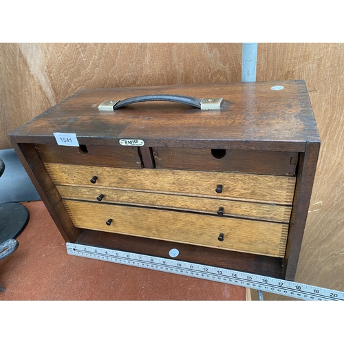 1541 - A VINTAGE FIVE DRAWER WOODEN JOINERS CHEST BEARING THE LABEL ' MADE IN EMIR LONDON ENGLAND'