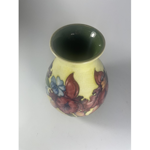 703 - A WALTER MOORCROFT FLORAL ORCHID PATTERN BALUSTER VASE ON YELLOW GROUND (SOME CRAZING)