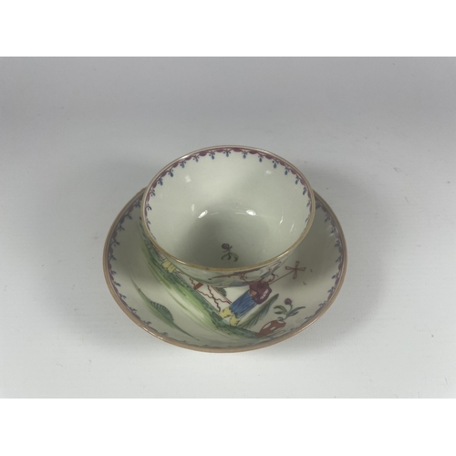 730 - A 19TH CENTURY ENGLISH PORCELAIN TEA BOWL & SAUCER DEPICTING AN ORIENTAL SCENE