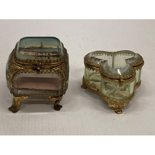 11 - TWO EARLY 20TH CENTURY GILT DESIGN TINKET BOXES - ONE WITH IMAGE OF BLACKPOOL FROM THE NORTH TIER, E... 