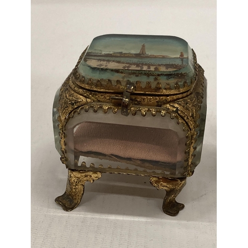 11 - TWO EARLY 20TH CENTURY GILT DESIGN TINKET BOXES - ONE WITH IMAGE OF BLACKPOOL FROM THE NORTH TIER, E... 