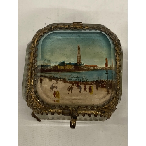 11 - TWO EARLY 20TH CENTURY GILT DESIGN TINKET BOXES - ONE WITH IMAGE OF BLACKPOOL FROM THE NORTH TIER, E... 