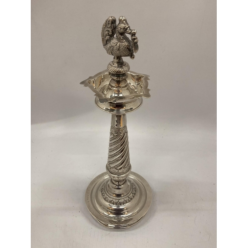 16 - A LARGE , BELIEVED INDIAN SILVER, WHITE METAL STAND WITH BIRD DESIGN TOP, WITH PRESENTATION ENGRAVIN... 