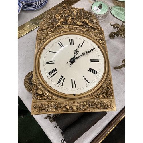 23 - AN EARLY 20TH CENTURY GILT DESIGN LONGCASE CLOCK MOVEMENT WITH WEIGHTS & PENDULUM