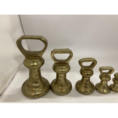 29 - A VINTAGE GRADUATED SET OF EIGHT BRASS WEIGHTS, LARGEST 7LB, SMALLEST 1OZ