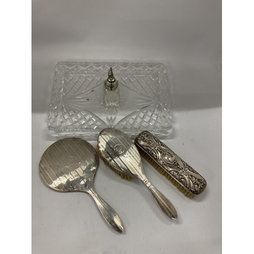 32 - A MATCHED DRESSING TABLE SET COMPRISING HALLMARKED SILVER BRUSHES & MIRROR, SILVER TOPPED ATOMISER A... 