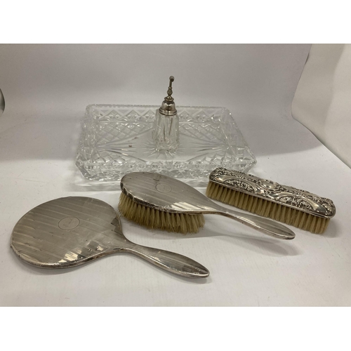 32 - A MATCHED DRESSING TABLE SET COMPRISING HALLMARKED SILVER BRUSHES & MIRROR, SILVER TOPPED ATOMISER A... 