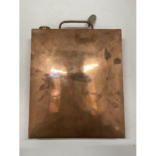 33 - A VINTAGE COPPER CAR WATER BOTTLE WITH RETURN TO OWNER TAG