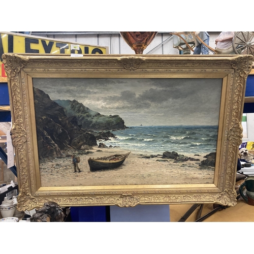 37 - AN ALBERT HODDER, BRITISH, (1845-1911), LARGE GILT FRAMED OIL PAINTING OF A COASTAL SCENE, SIGNED TO... 