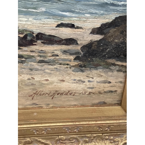 37 - AN ALBERT HODDER, BRITISH, (1845-1911), LARGE GILT FRAMED OIL PAINTING OF A COASTAL SCENE, SIGNED TO... 