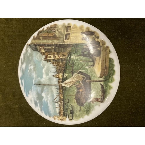 45 - A GROUP OF FOUR VINTAGE PRATTWARE POT LIDS IN FRAMESTO INCLUDE SHAKESPEARES HOUSE ETC