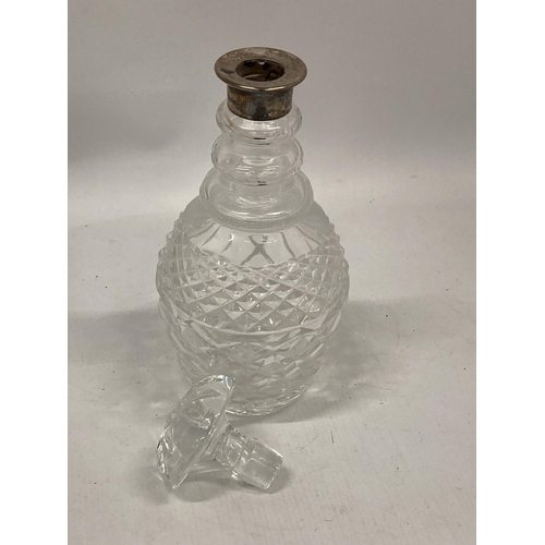 47 - A CUT GLASS MALLET DECANTER WITH LONDON HALLMARKED SILVER COLLAR