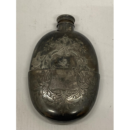 5 - A VICTORIAN SILVER PLATED HIP FLASK WITH DETACHABLE CUP WITH CHASED AND ENGRAVED FLORAL DESIGN