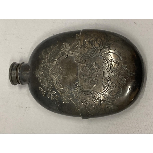 5 - A VICTORIAN SILVER PLATED HIP FLASK WITH DETACHABLE CUP WITH CHASED AND ENGRAVED FLORAL DESIGN