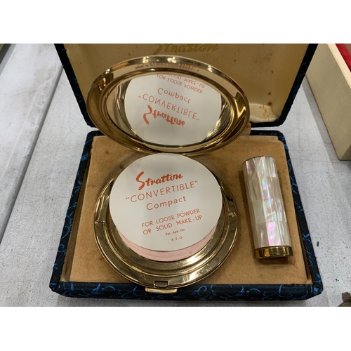 187 - A VINTAGE MOTHER OF PEARL STRATTON COMPACT AND LIPSTICK HOLDER IN ORIGINAL BOX - NEVER BEEN USED