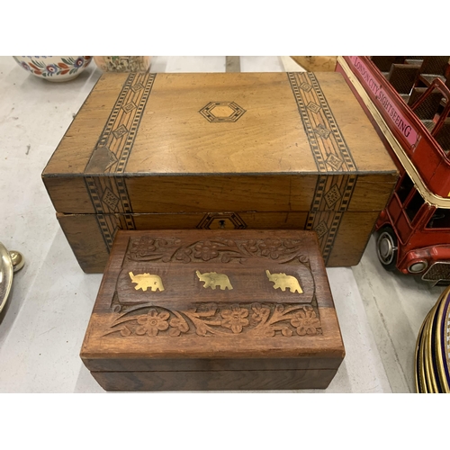 212 - TWO TREEN BOXES, ONE WITH MARQETRY INLAY, THE OTHER WITH BRASS ELEPHANTS PLUS A VINTAGE PAIR OF BELL... 