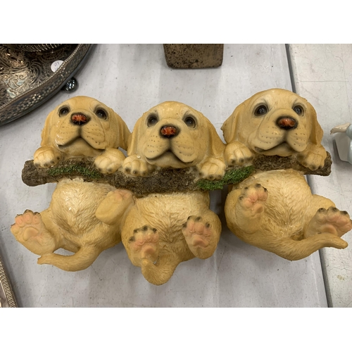 224 - A PAIR OF DECORATIVE STONE BIRDS AND A LABRADOR PUPPIES COAT RACK