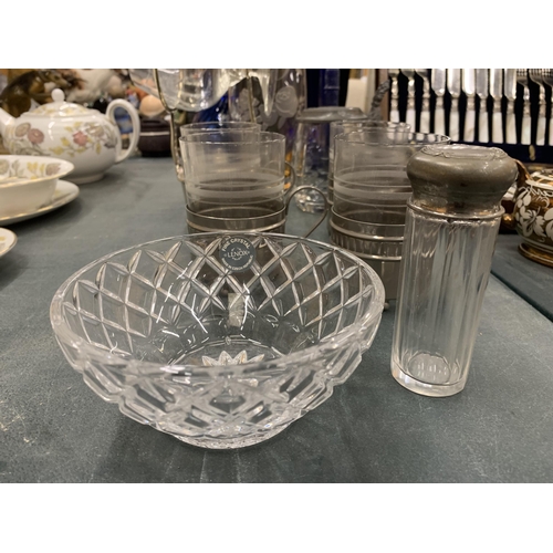 235 - A QUANTITY OF GLASSWARE TO INCLUDE A BRANDY GLASS WARMER WITH GLASS, BLUE BOTTLES, A ROYAL DOULTON '... 