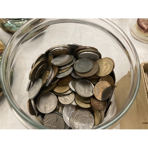 820 - A JAR CONTAINING A QUANTITY OF PRE DECIMAL AND FOREIGN COINS