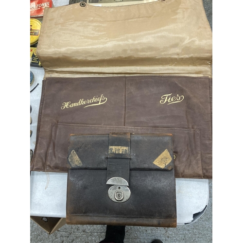 841 - A VINTAGE LEATHER SHIRTS BAG AND A LEATHER STATIONERY WALLET