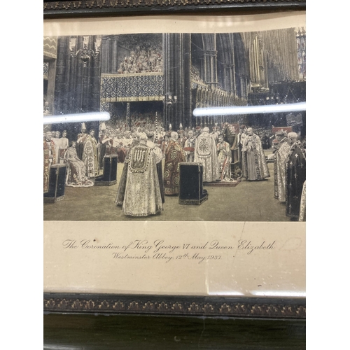 843 - A VINTAGE FRAMED PRINT OF THE CORONATION OF KING GEORGE VI AND QUEEN ELIZABETH, 12TH MAY 1937