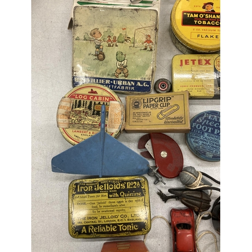 844 - A MIXED LOT OF COLLECTABLE ITEMS TO INCLUDE VINTAGE TINS, BOTTLES,. CARS, ETC