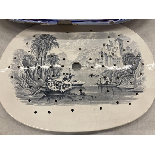 845 - A LARGE VINTAGE CERAMIC PLATTER WITH FLORAL DESIGN, A BLUE AND WHITE BOWL AND A VINTAGE DRAINAGE PLA... 