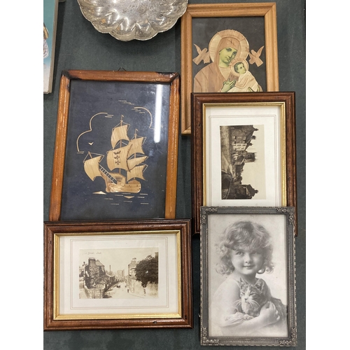 860 - A QUANTITY OF SMALL FRAMED PRINTS, SILVER PLATE, A WOODEN BOX AND AMANTLE CLOCK