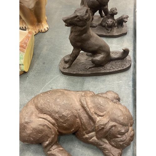 864 - A COLLECTION OF FIVE DOG FIGURES PLUS A DEER AND FAUN