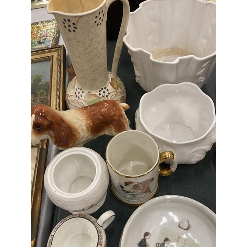 866 - A LARGE QUANTITY OF CERAMIC ITEMS TO INCLUDE A SPANIEL DOG, JUGS, PLANTERS, BOWLS, A TANKARD, ETC