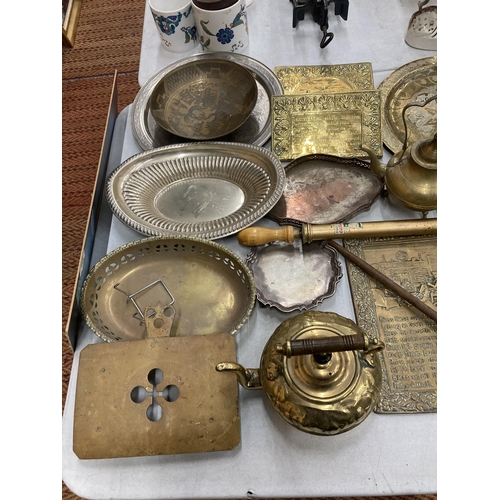 874 - A LARGE QUANTITY OF ITEMS TO INCLUDE BRASS PLAQUES, PLATES, BOWLS, CANDLEABRA, SERVING DISHES, BOWLS... 