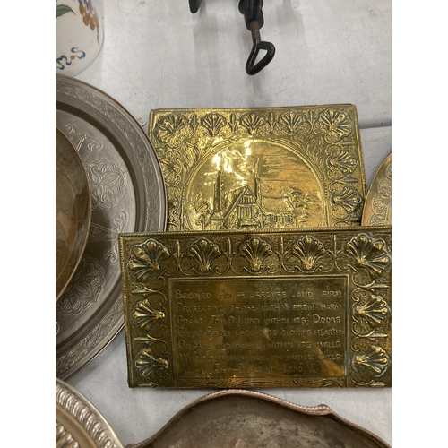 874 - A LARGE QUANTITY OF ITEMS TO INCLUDE BRASS PLAQUES, PLATES, BOWLS, CANDLEABRA, SERVING DISHES, BOWLS... 