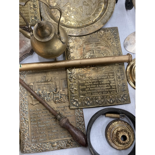 874 - A LARGE QUANTITY OF ITEMS TO INCLUDE BRASS PLAQUES, PLATES, BOWLS, CANDLEABRA, SERVING DISHES, BOWLS... 