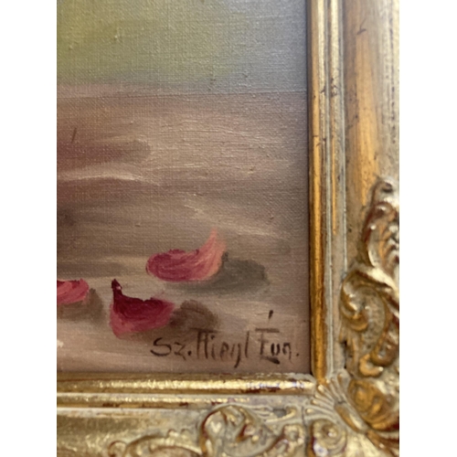 875 - AN OIL ON BOARD STILL LIFE PAINTING OF A VASE OF ROSES, SIGNED 34CM X 44CM