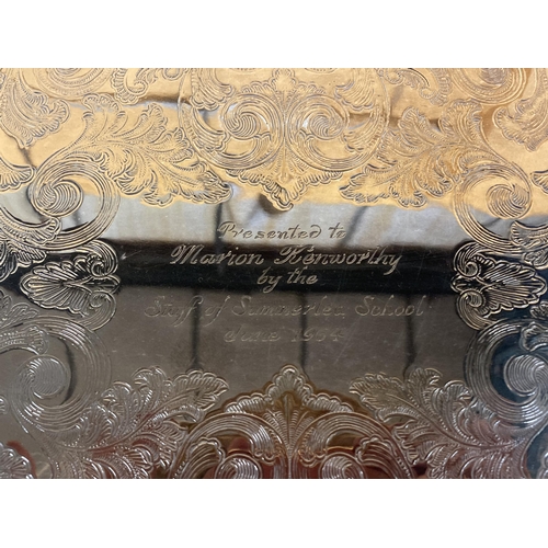 881 - A HEAVY VINTAGE SILVER PLATED TRAY WITH ENGRAVED DETAIL, INSCRIBED WITH THE DATE JUNE 1964