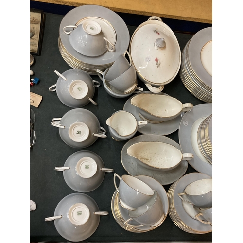 885 - A LARGE QUANTITY OF SHELLEY DINNERWARE IN GREY WITH A PINK ROSE DECORATION TO INCLUDE VARIOUS SIZES ... 