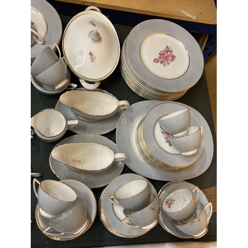 885 - A LARGE QUANTITY OF SHELLEY DINNERWARE IN GREY WITH A PINK ROSE DECORATION TO INCLUDE VARIOUS SIZES ... 