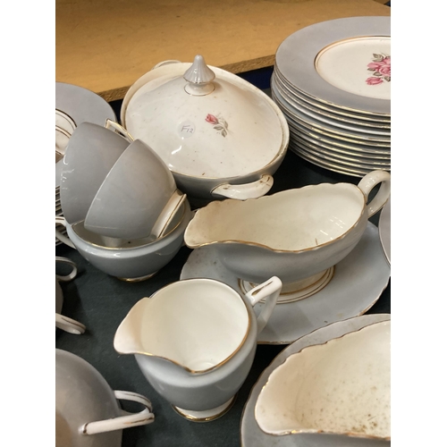 885 - A LARGE QUANTITY OF SHELLEY DINNERWARE IN GREY WITH A PINK ROSE DECORATION TO INCLUDE VARIOUS SIZES ... 