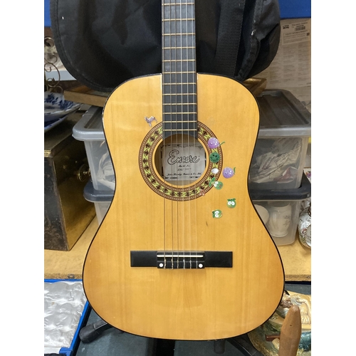 889 - AN ENCORE CHILD'S ACOUSTIC GUITAR WITH STAND AND CASE