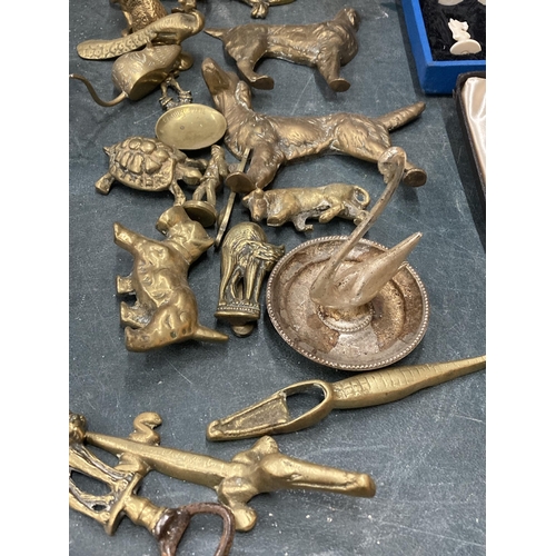 892 - A QUANTITY OF BRASSWARE TO INCLUDE ANIMAL FIGURES, BOTTLE OPENERS