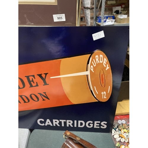 902A - A PURDEY CARTRIDGES, LONDON METAL SIGN 70CM X 50CM